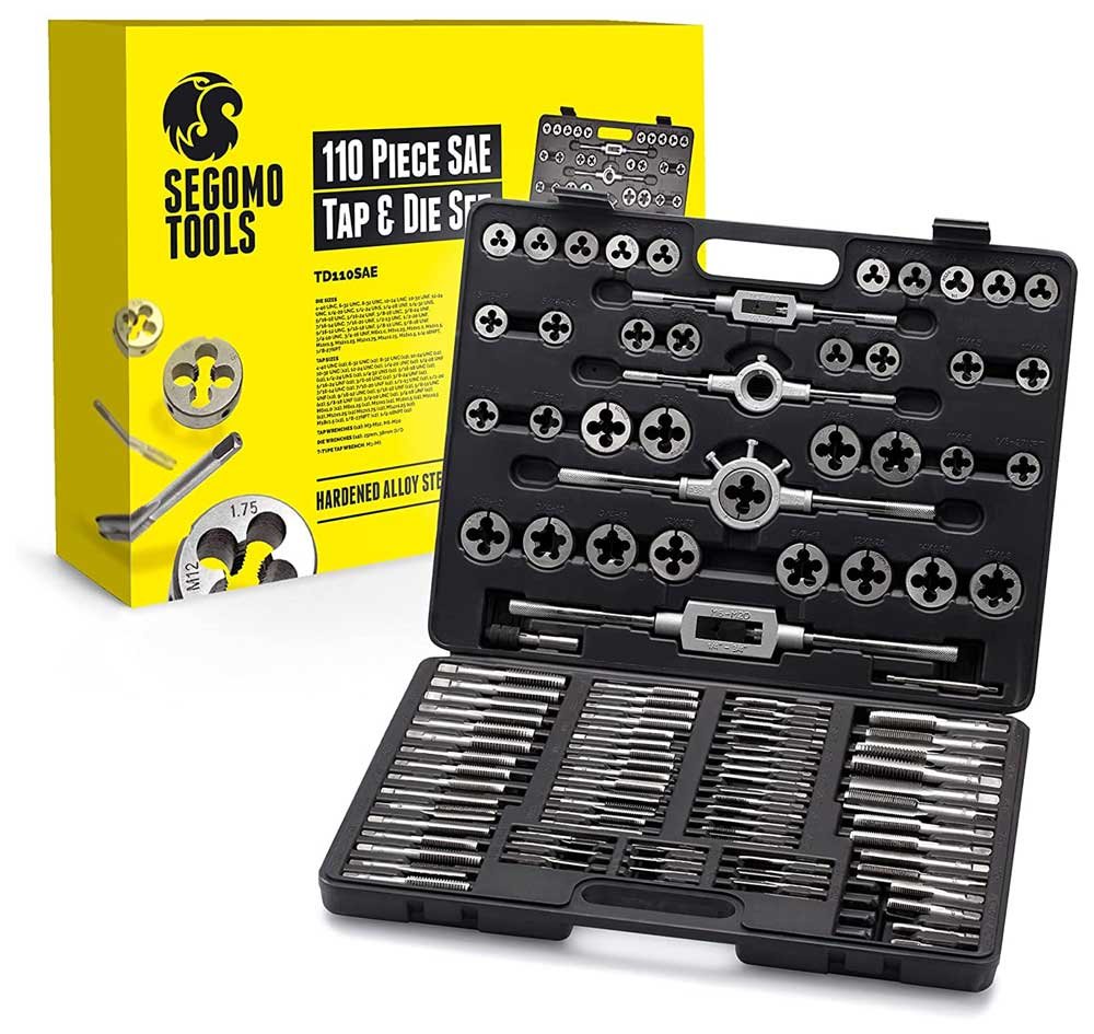 Segomo Tools 110 Piece Hardened Alloy Steel SAE Tap And Die Threading Tool Set With Storage Case